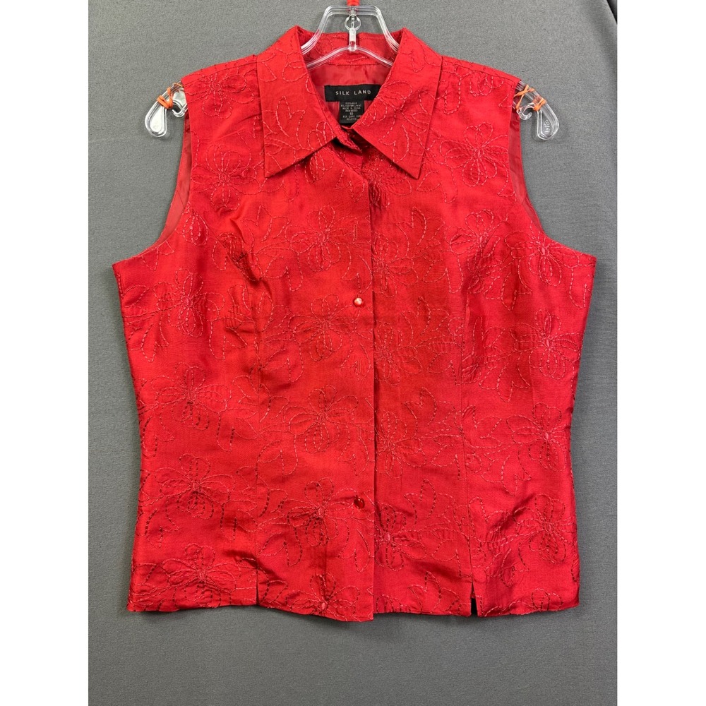 Silk Land Women's Red Floral Embroidered 100% Silk Sleeveless Blouse Top Size 10